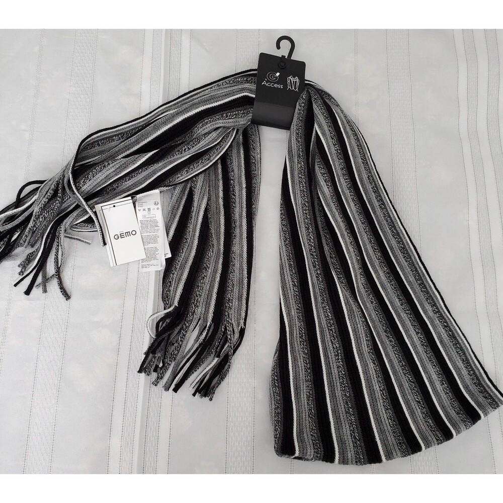 NWT Gemo Knit Scarf. Black, White & Gray Striped with Fringed Edges